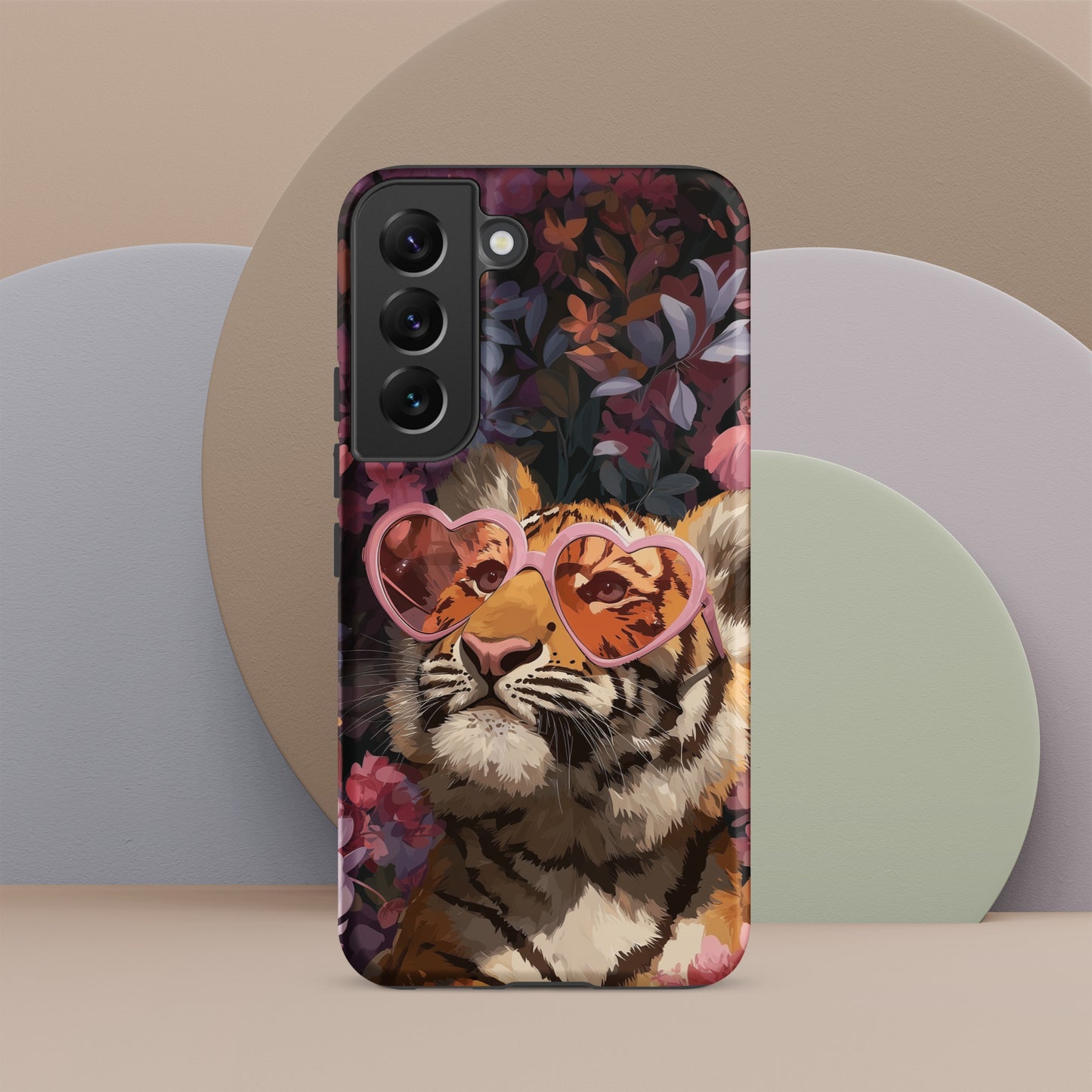 Samsung phone case with a tiger design wearing heart-shaped sunglasses by Sweet and Savage. 