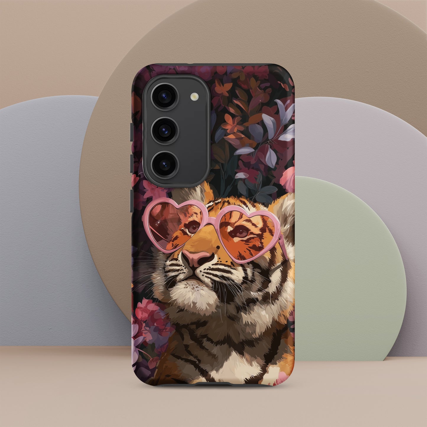 Samsung phone case with a tiger design wearing heart-shaped sunglasses by Sweet and Savage. 