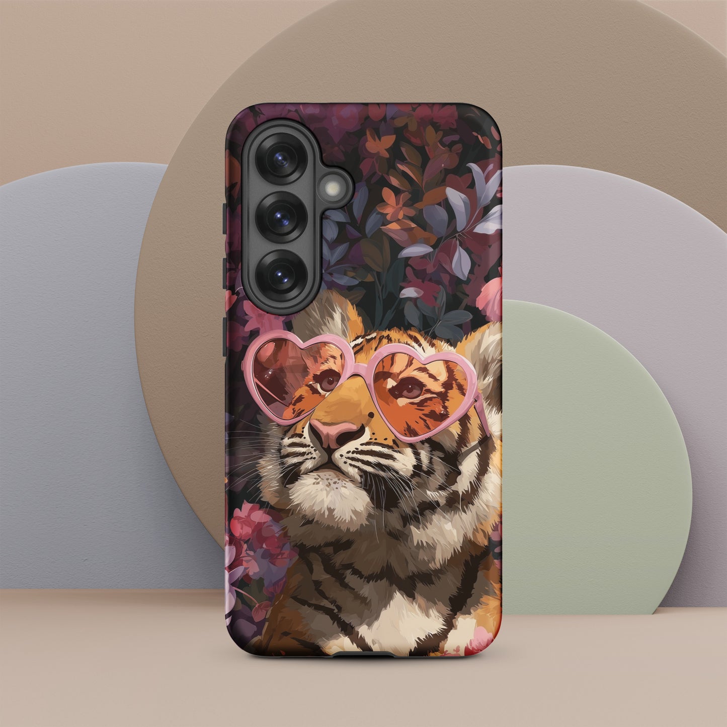 Samsung phone case with a tiger design wearing heart-shaped sunglasses by Sweet and Savage. 
