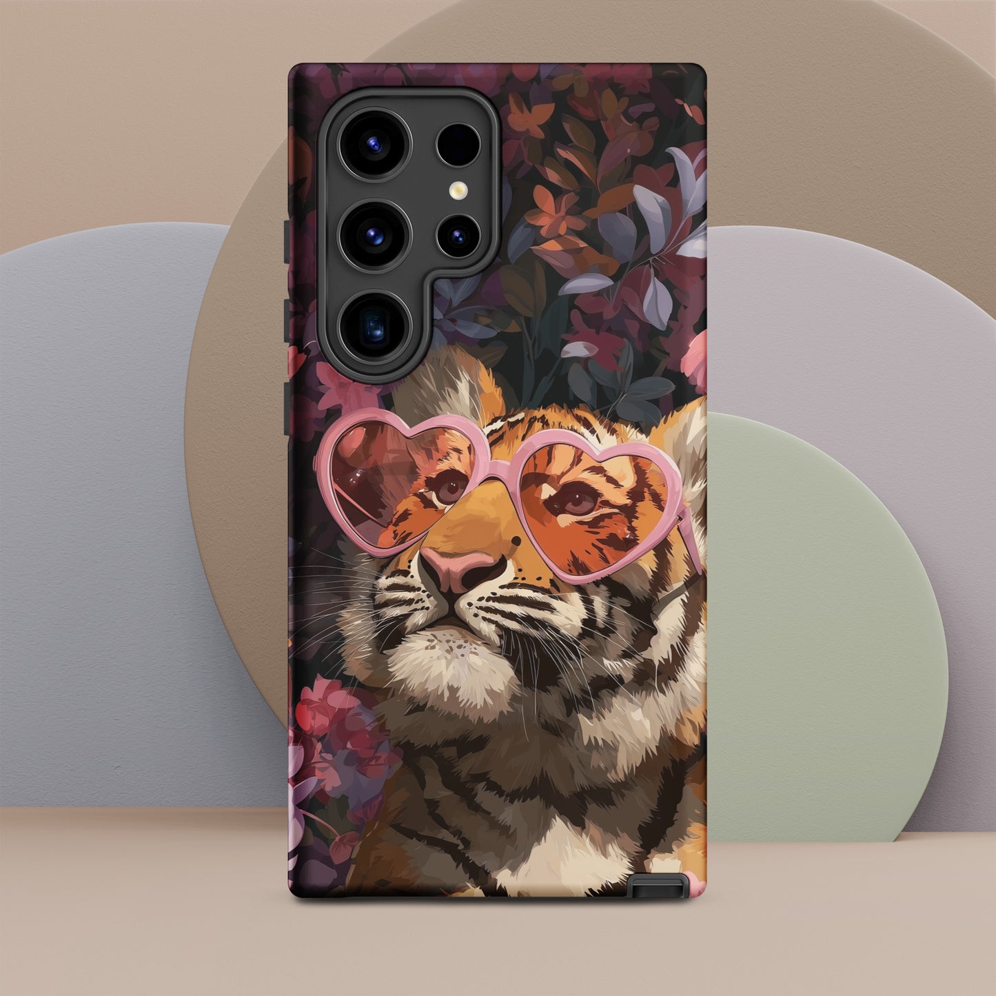 Samsung phone case with a tiger design wearing heart-shaped sunglasses by Sweet and Savage. 