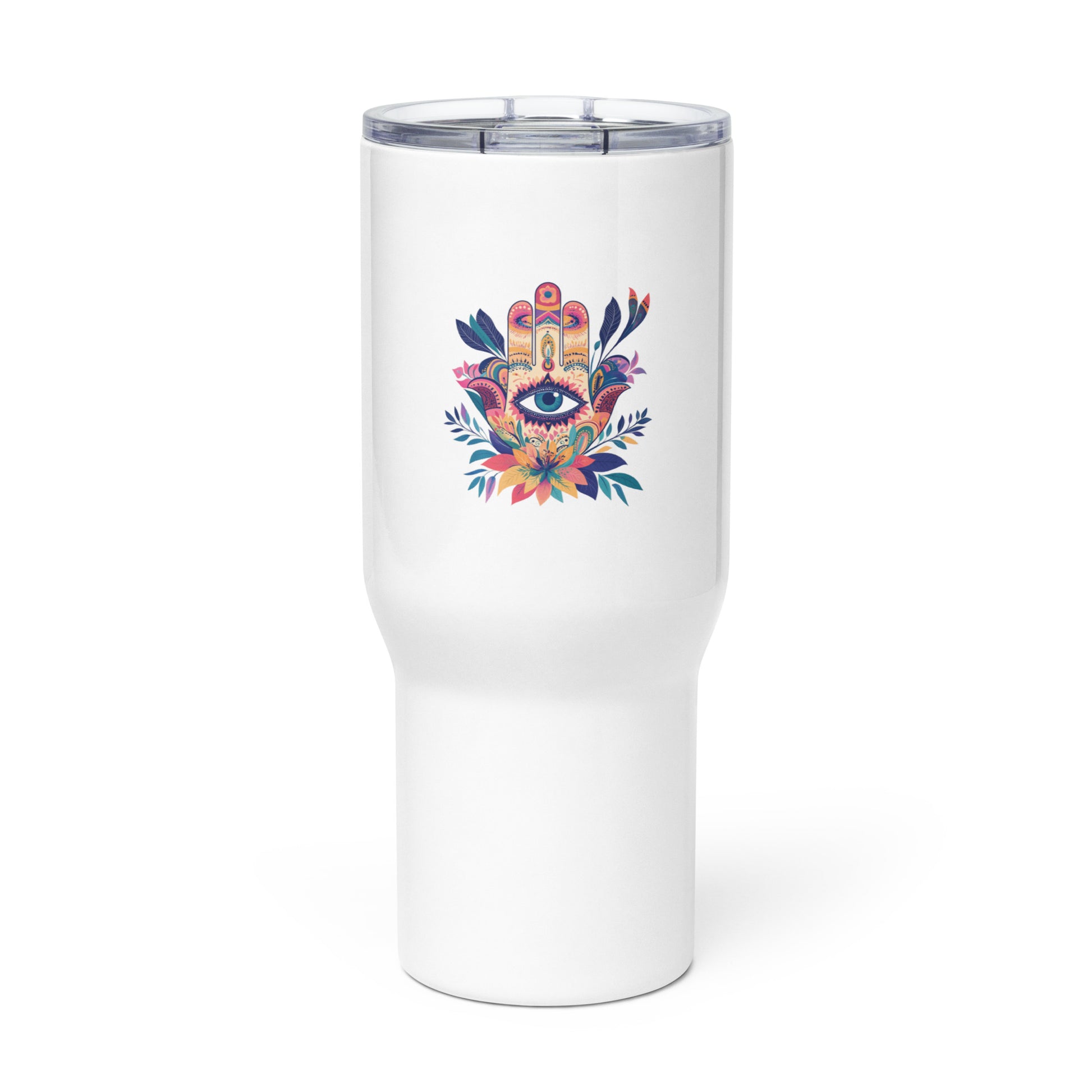 Large white travel mug with a handle featuring a colorful Hamsa hand art print on a table.