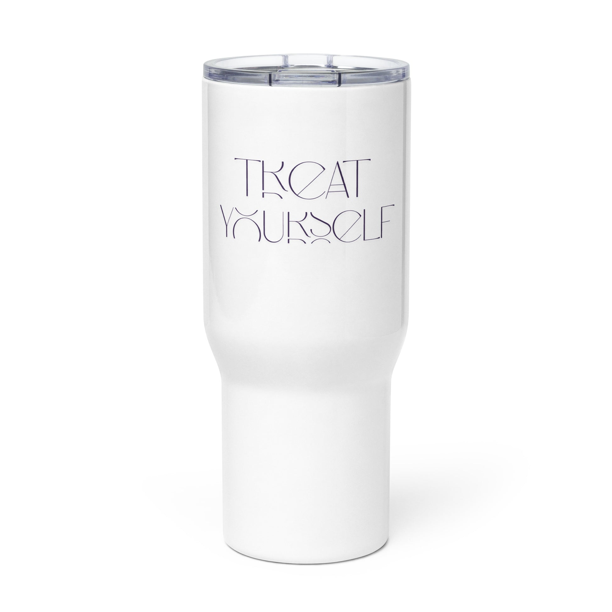 A white insulated travel tumbler with a clear lid, featuring the text 'TREAT YOURSELF' printed in a thin dark gray outline font on the front, set against a plain white background.