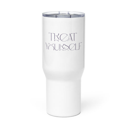 A white insulated travel tumbler with a clear lid, featuring the text 'TREAT YOURSELF' printed in a thin dark gray outline font on the front, set against a plain white background.