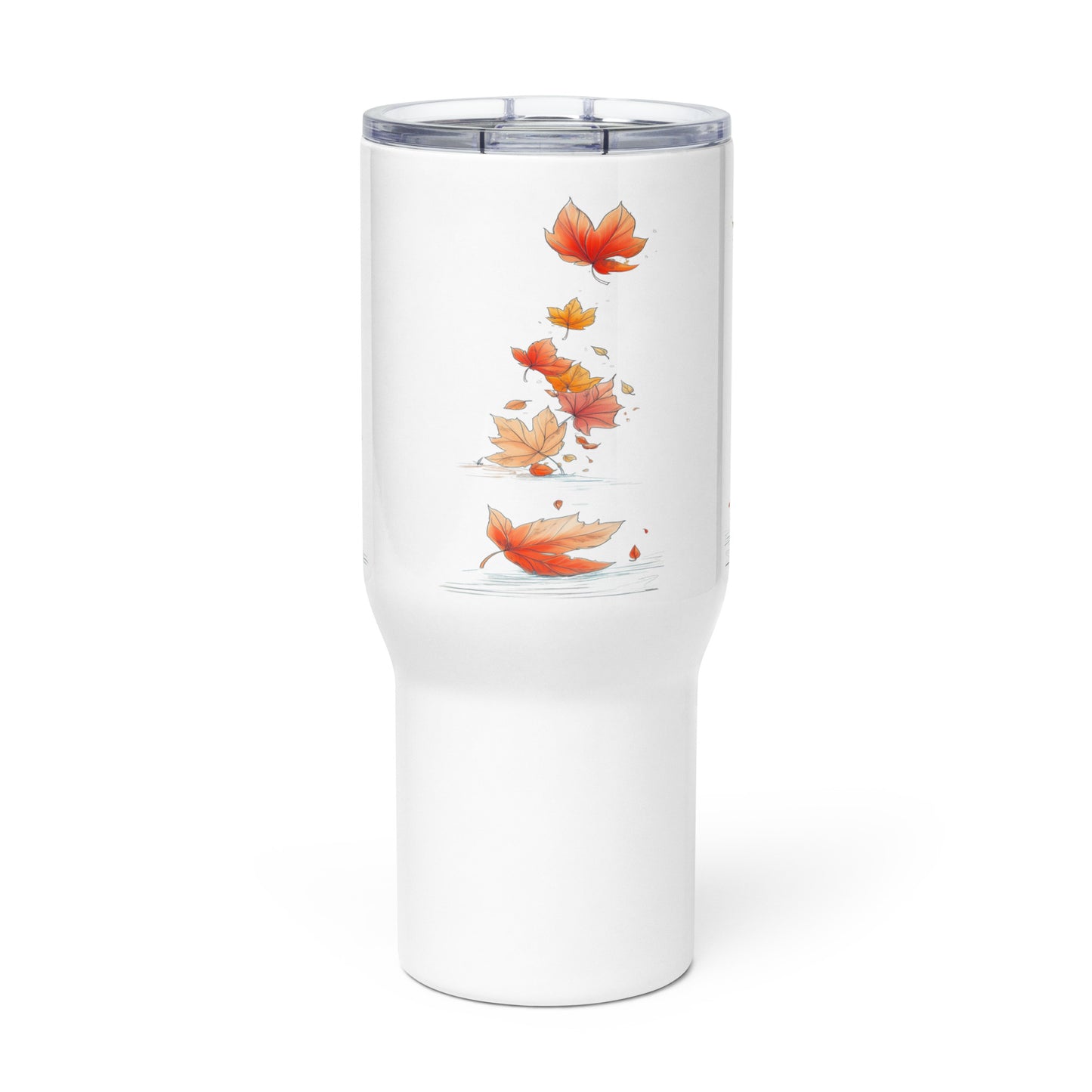 A white insulated travel tumbler with a clear lid, featuring a vertical graphic print of falling orange and yellow autumn leaves on the front.