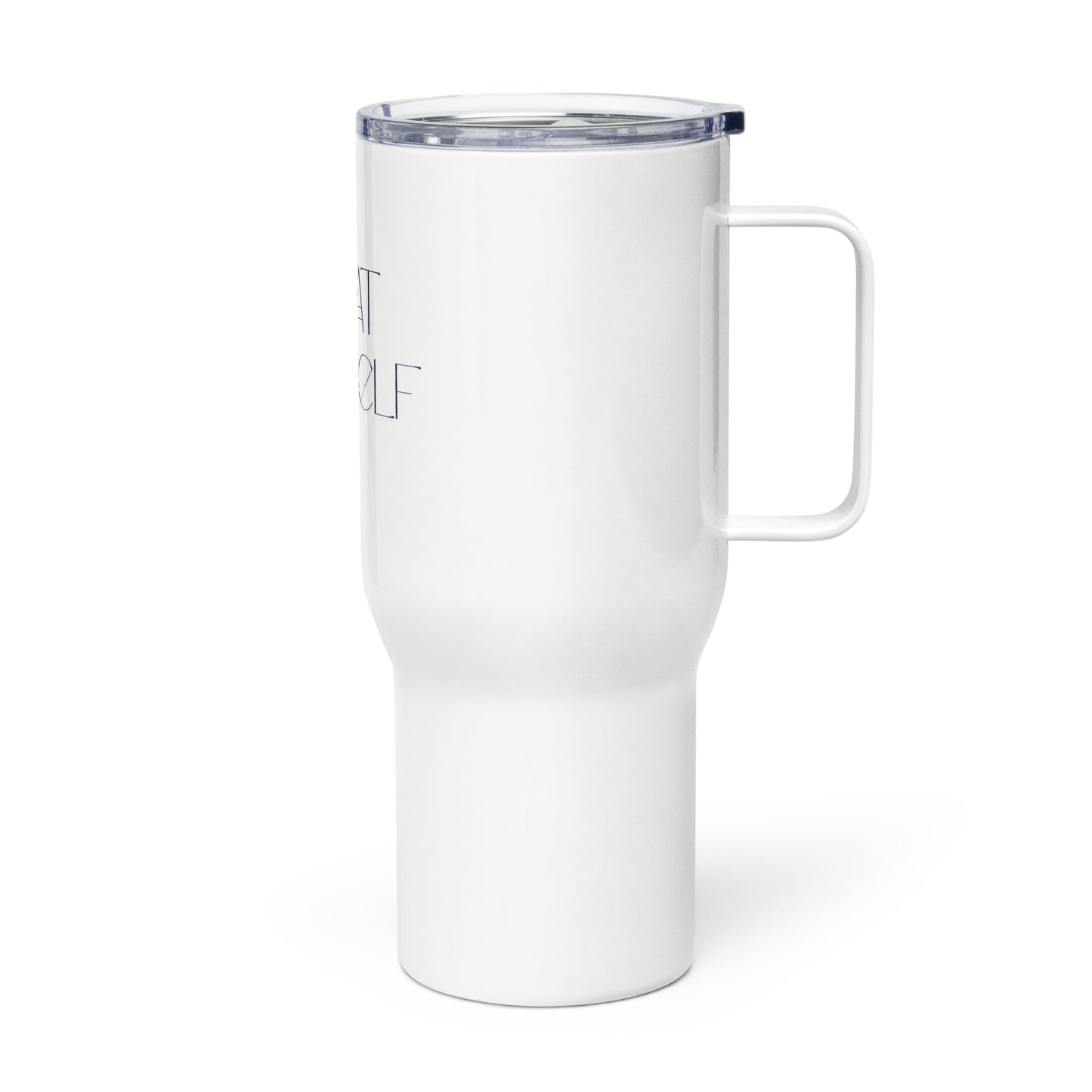 A white insulated travel tumbler with a clear lid and a white handle, featuring partial printed text on the side, shown on a clean white background.