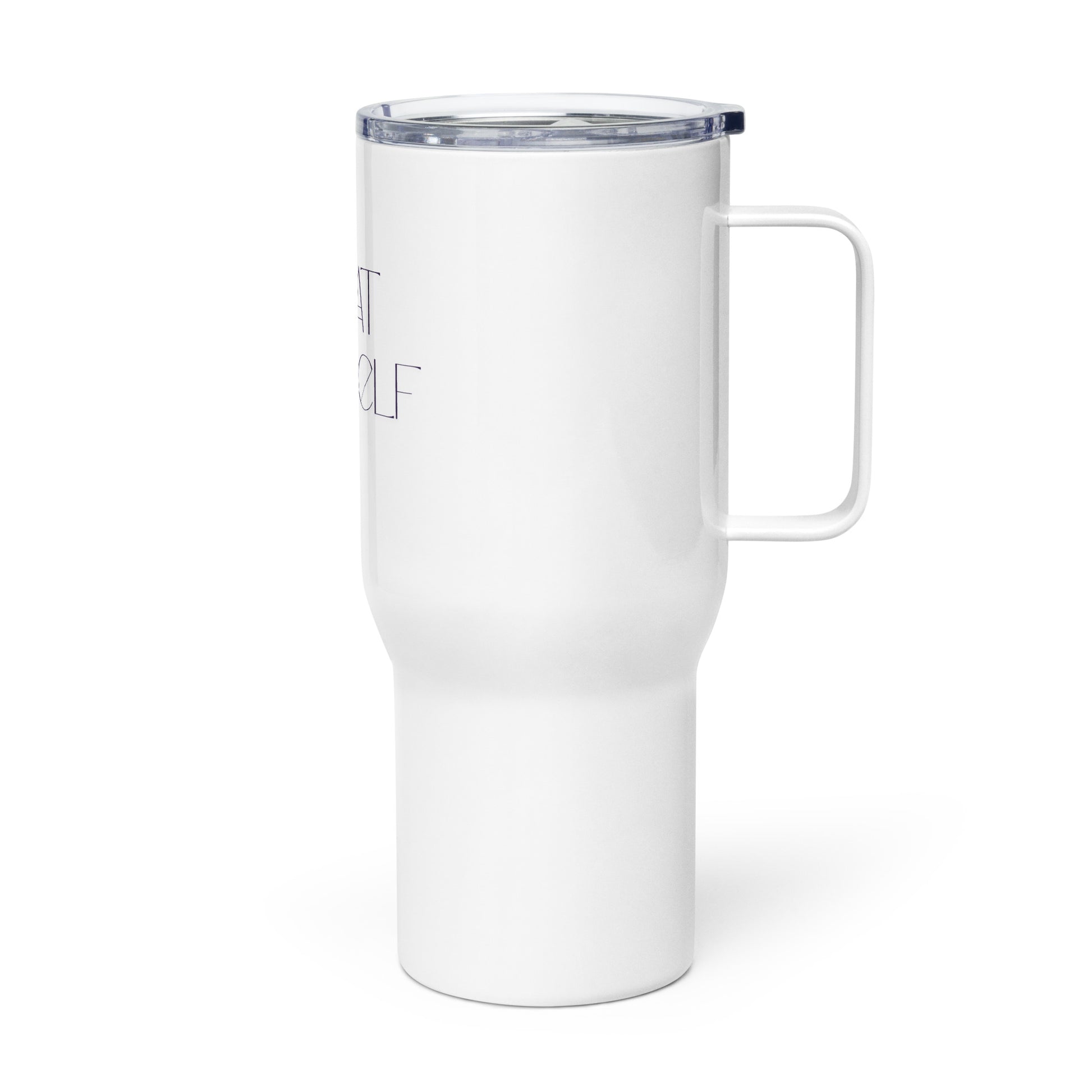 A white insulated travel tumbler with a clear lid and a white handle, featuring partial printed text on the side, shown on a clean white background.