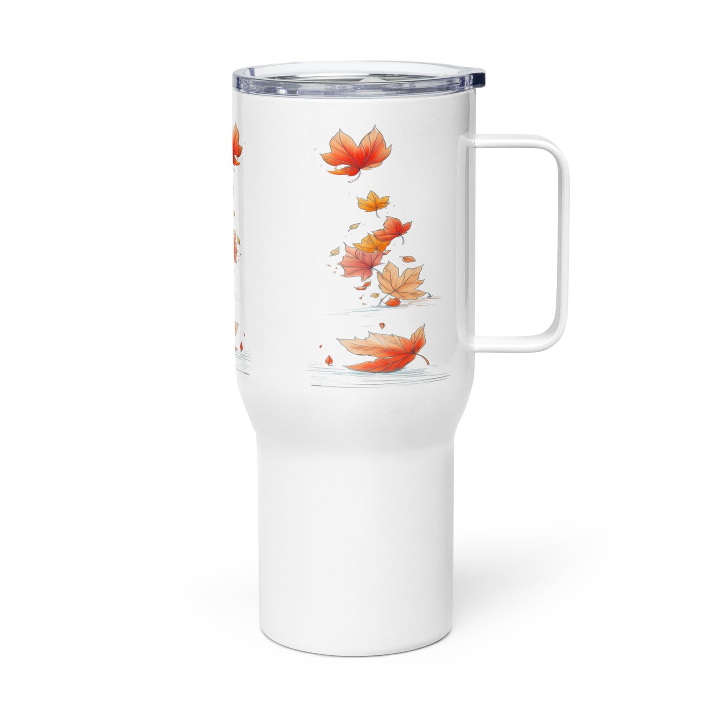 A white insulated travel tumbler with a clear lid and a white handle, decorated with a vertical pattern of orange and yellow autumn maple leaves, shown on a white background.