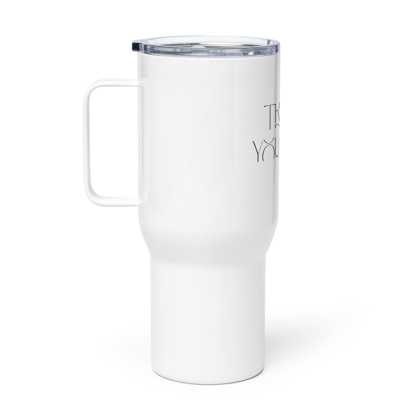 A white insulated travel tumbler with a clear lid and a side handle, featuring partial black text on the side, shown on a clean white background.