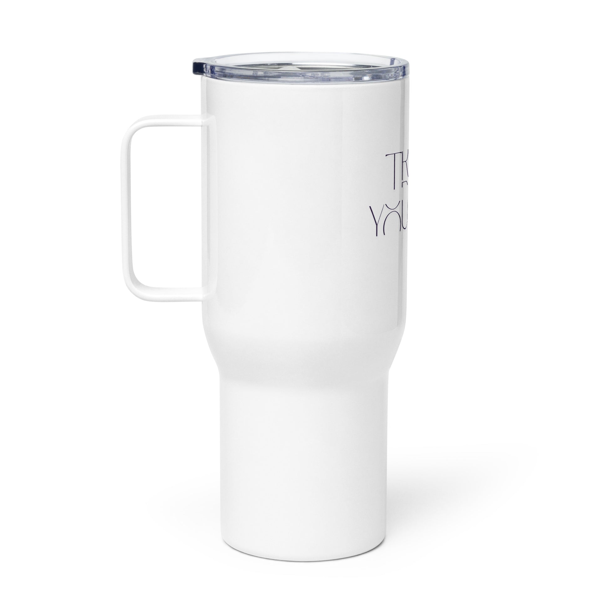 A white insulated travel tumbler with a clear lid and a side handle, featuring partial black text on the side, shown on a clean white background.