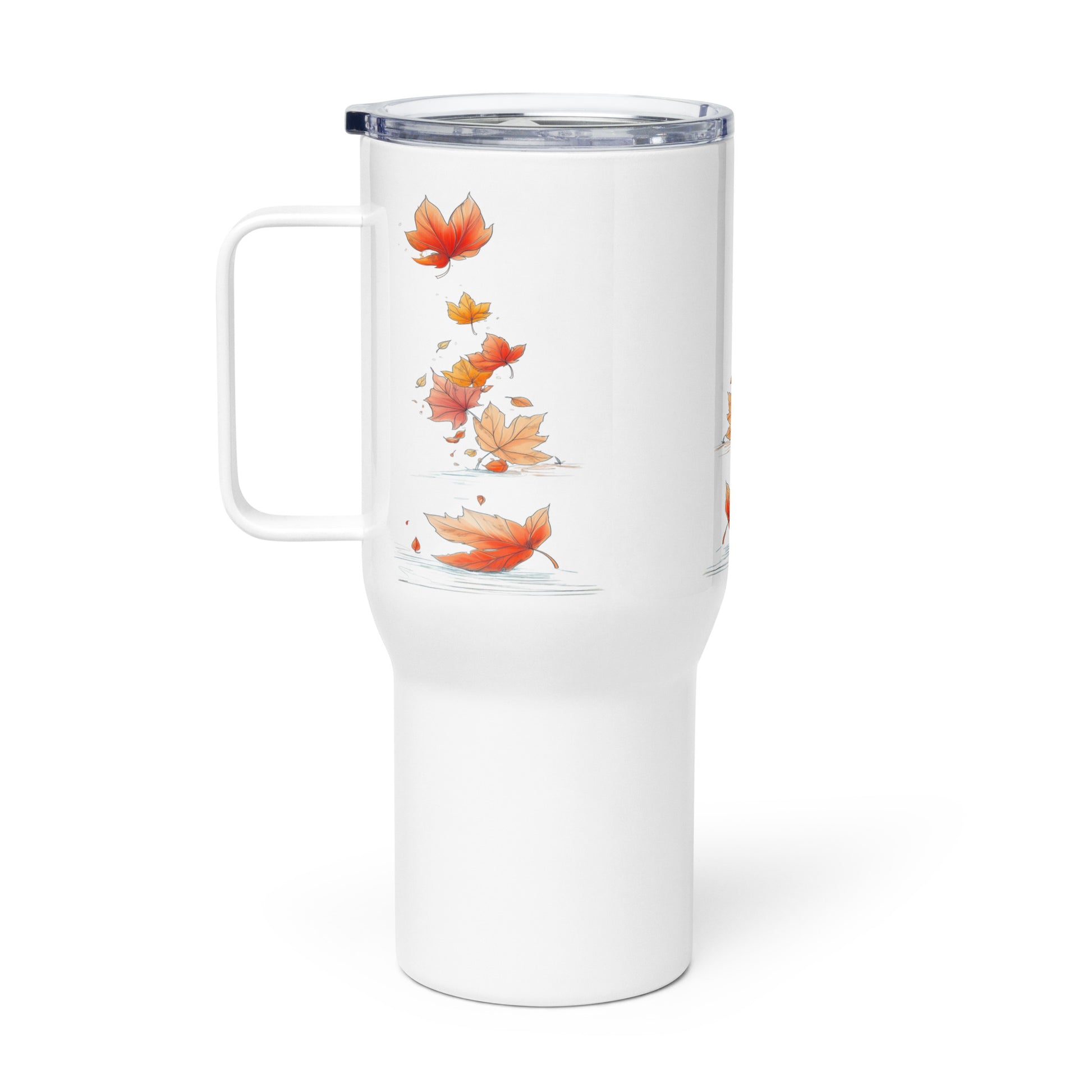 A white insulated travel tumbler with a clear lid and handle, decorated with a vertical illustration of orange and red autumn leaves floating above water.