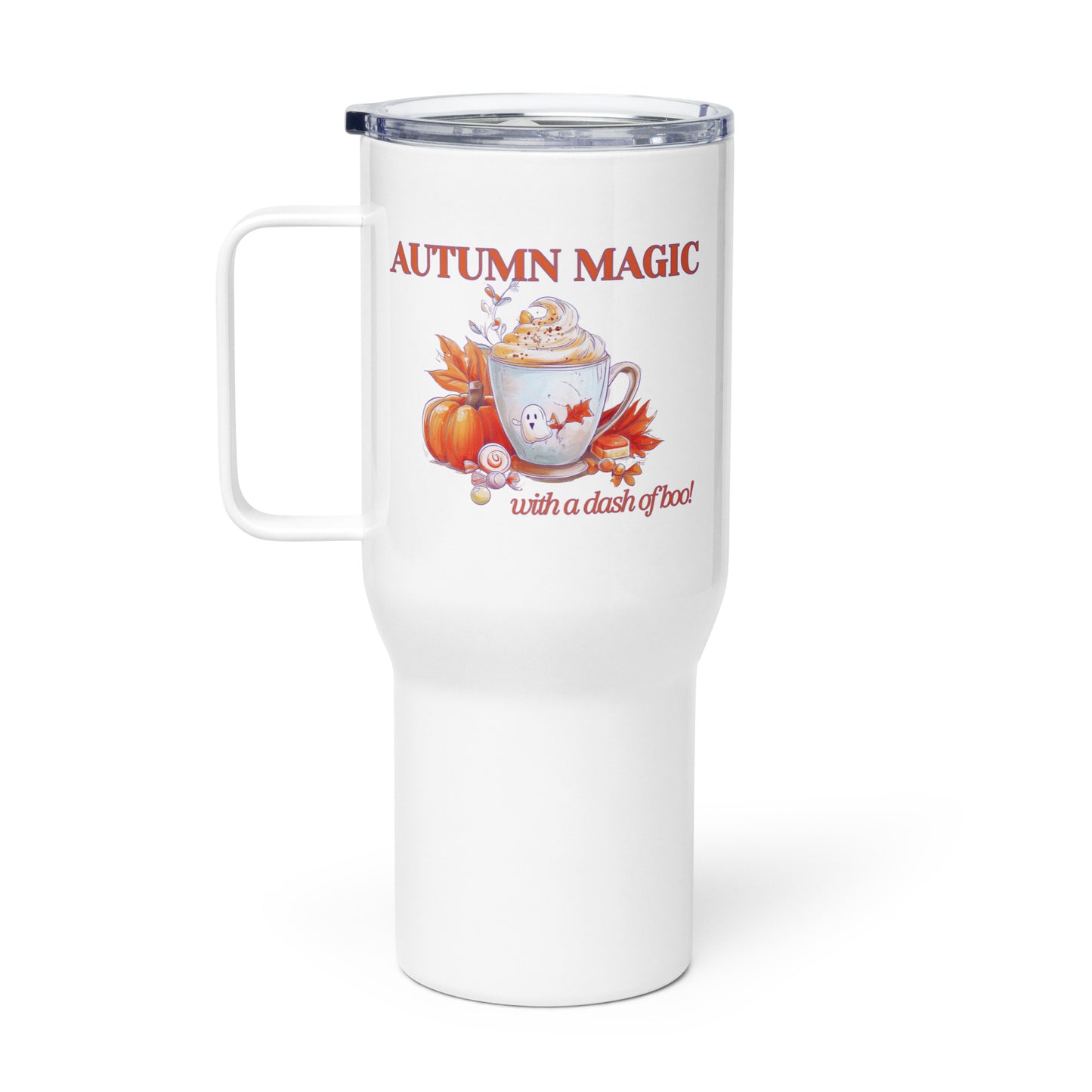 A white insulated travel tumbler with a clear lid and handle, featuring an autumn-themed graphic with the text 'AUTUMN MAGIC with a dash of tea' and an illustration of a mug, pumpkin, and fall leaves by Sweet & Savage.