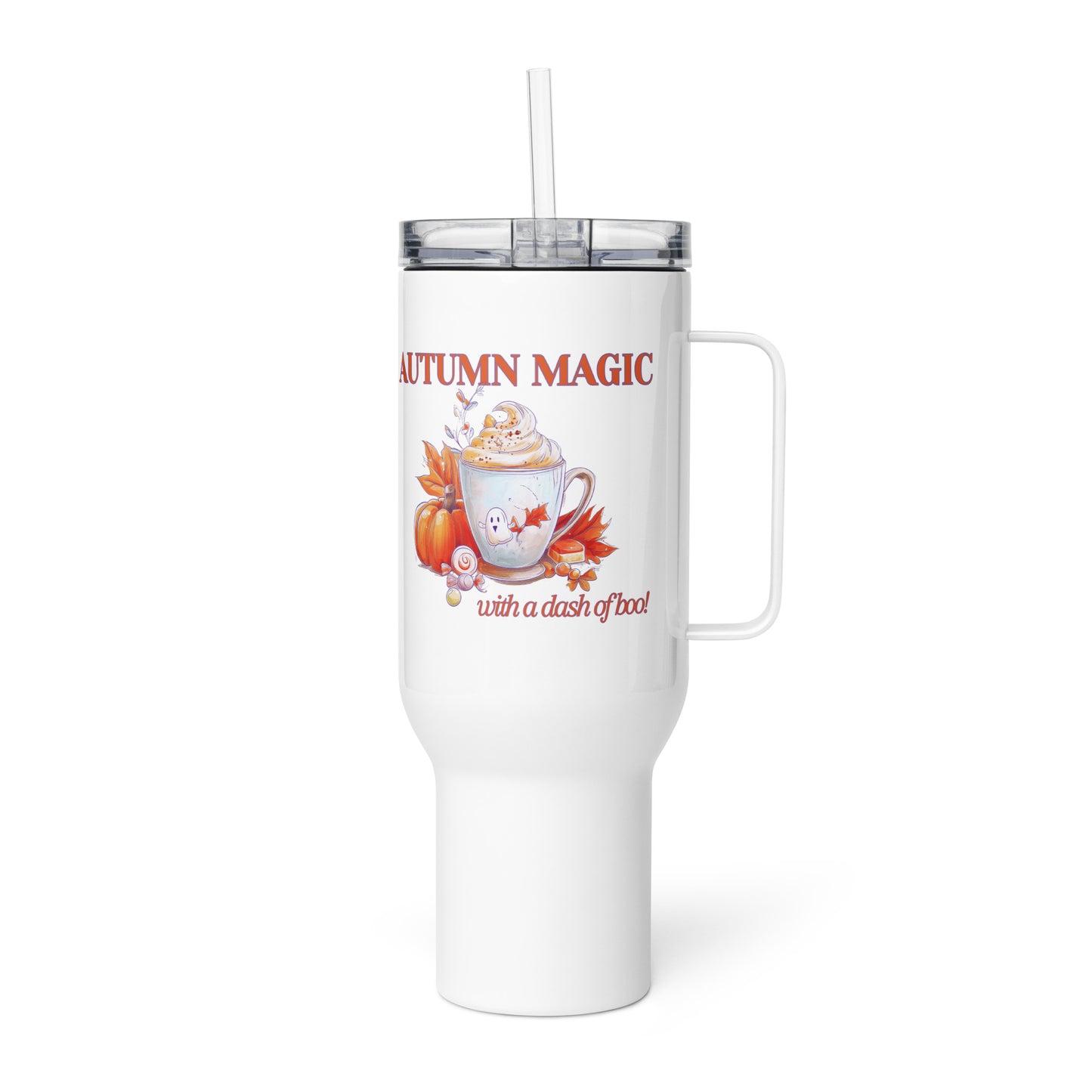 A white insulated travel tumbler with a handle and clear lid, featuring an autumn-themed graphic with the text 'AUTUMN MAGIC with a dash of boo!'. The design includes a mug with whipped cream, pumpkins, and fall leaves by Sweet & Savage. 