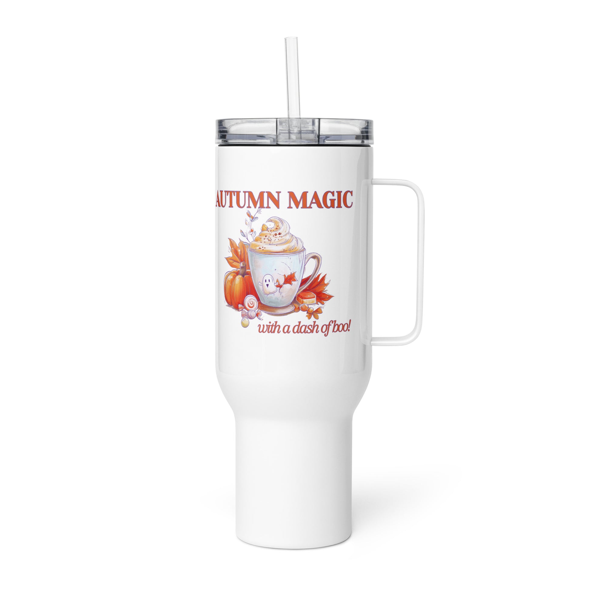 A white insulated travel tumbler with a handle and clear lid, featuring an autumn-themed graphic with the text 'AUTUMN MAGIC with a dash of boo!'. The design includes a mug with whipped cream, pumpkins, and fall leaves by Sweet & Savage. 