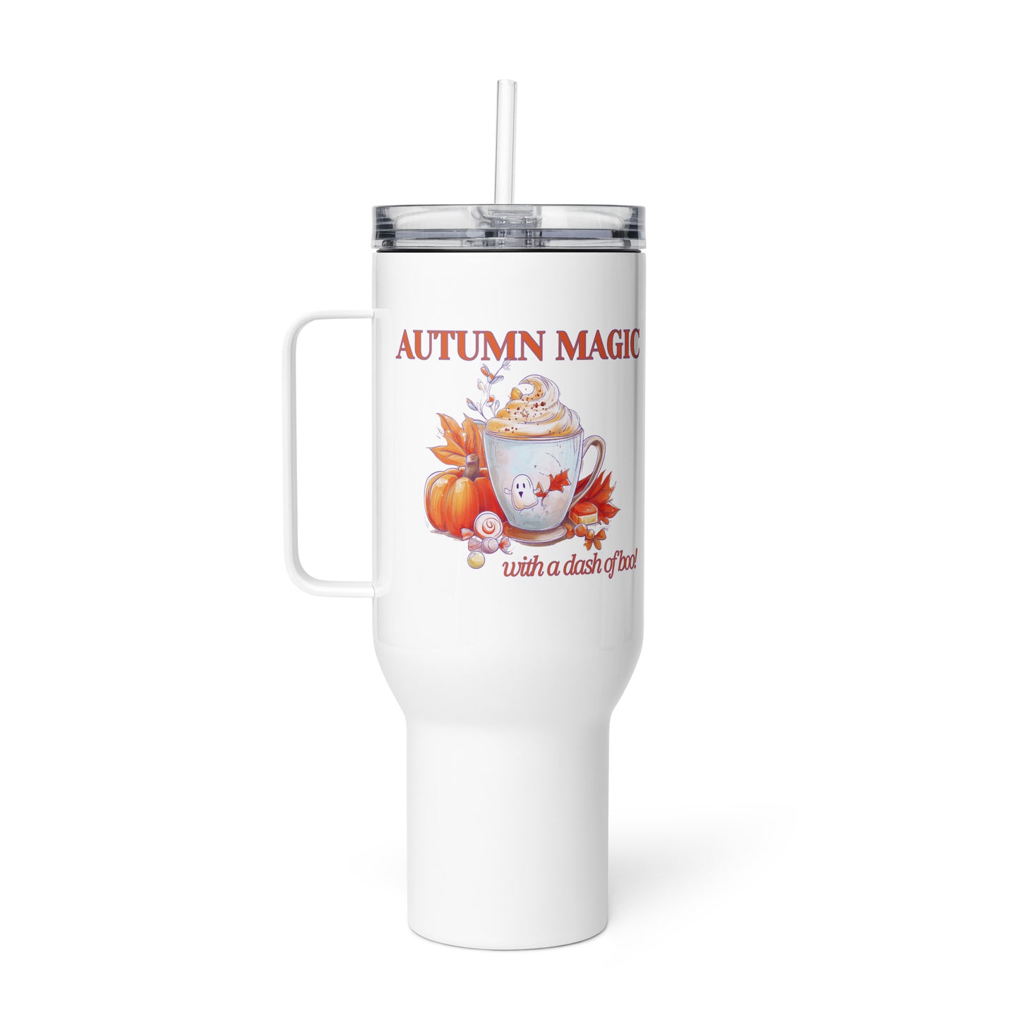 A white insulated travel tumbler with a handle, clear lid, and straw, featuring an autumn-themed graphic with the text 'AUTUMN MAGIC' and a hot cocoa mug illustration by Sweet & Savage. 