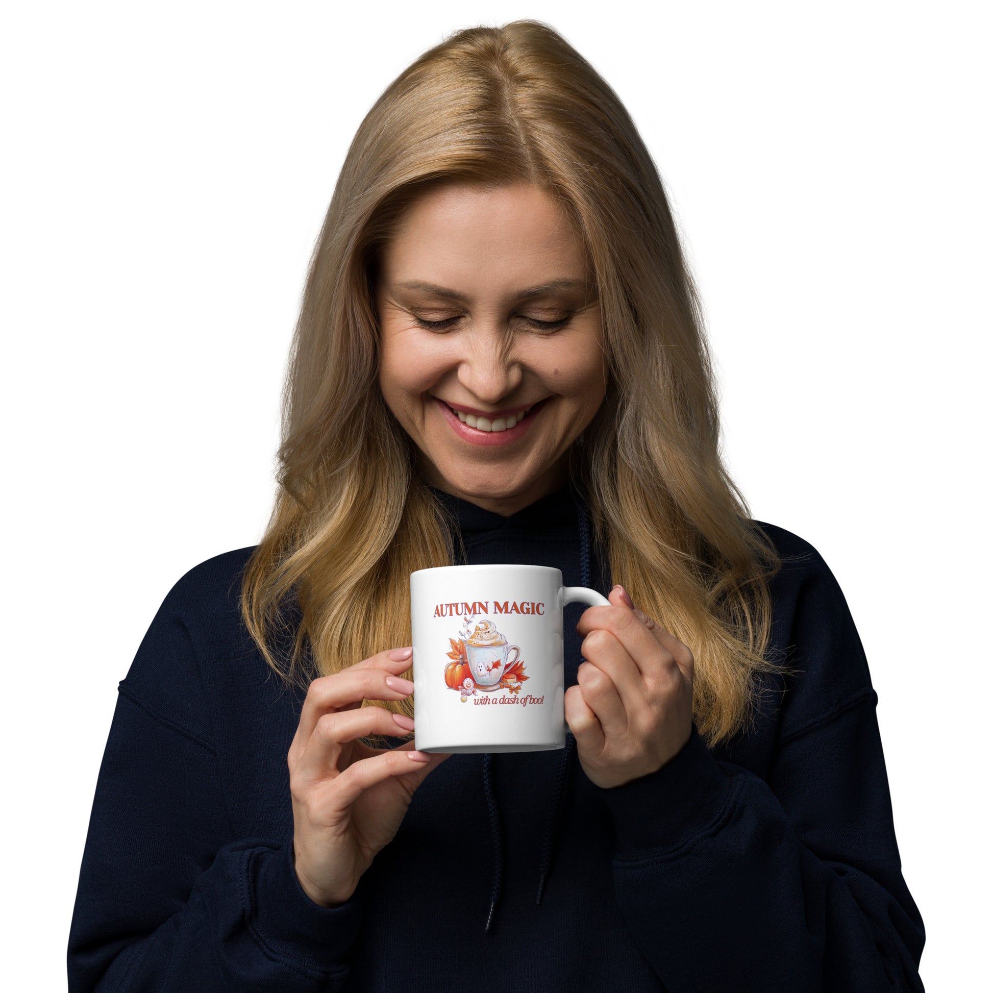 Woman holding a white mug with a logo on a white background