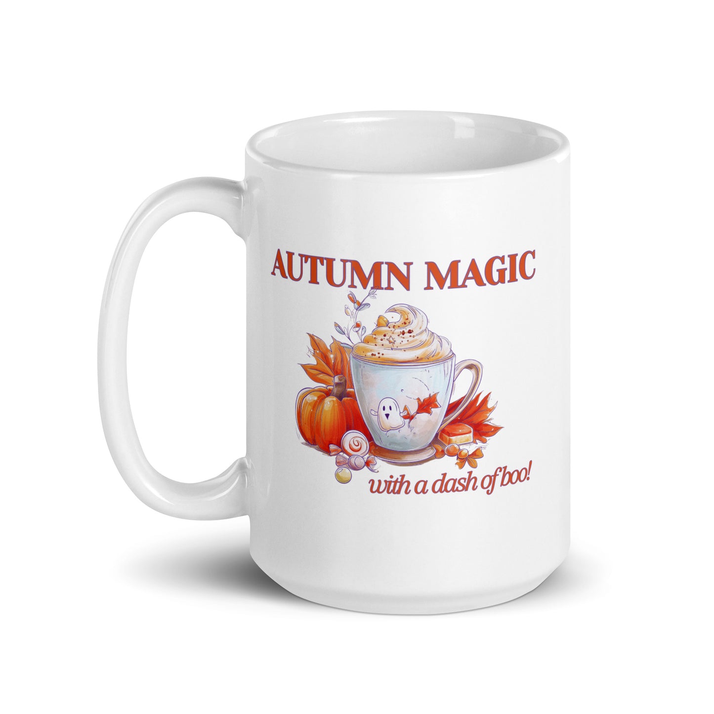 A white ceramic mug with a handle, featuring a festive autumn-themed graphic on the side. The design displays the text 'AUTUMN MAGIC with a dash of boo!' in red, accompanied by an illustration of a pumpkin, orange leaves, a hot cocoa cup with a ghost face, and a candy corn.