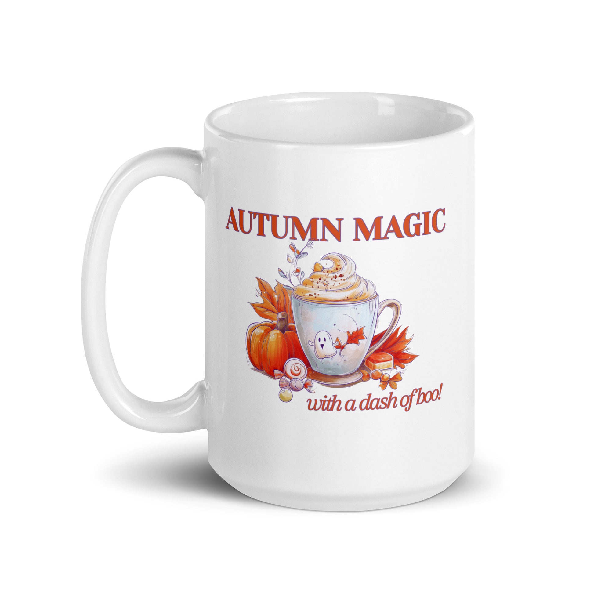 A white ceramic mug with a handle, featuring a festive autumn-themed graphic on the side. The design displays the text 'AUTUMN MAGIC with a dash of boo!' in red, accompanied by an illustration of a pumpkin, orange leaves, a hot cocoa cup with a ghost face, and a candy corn.