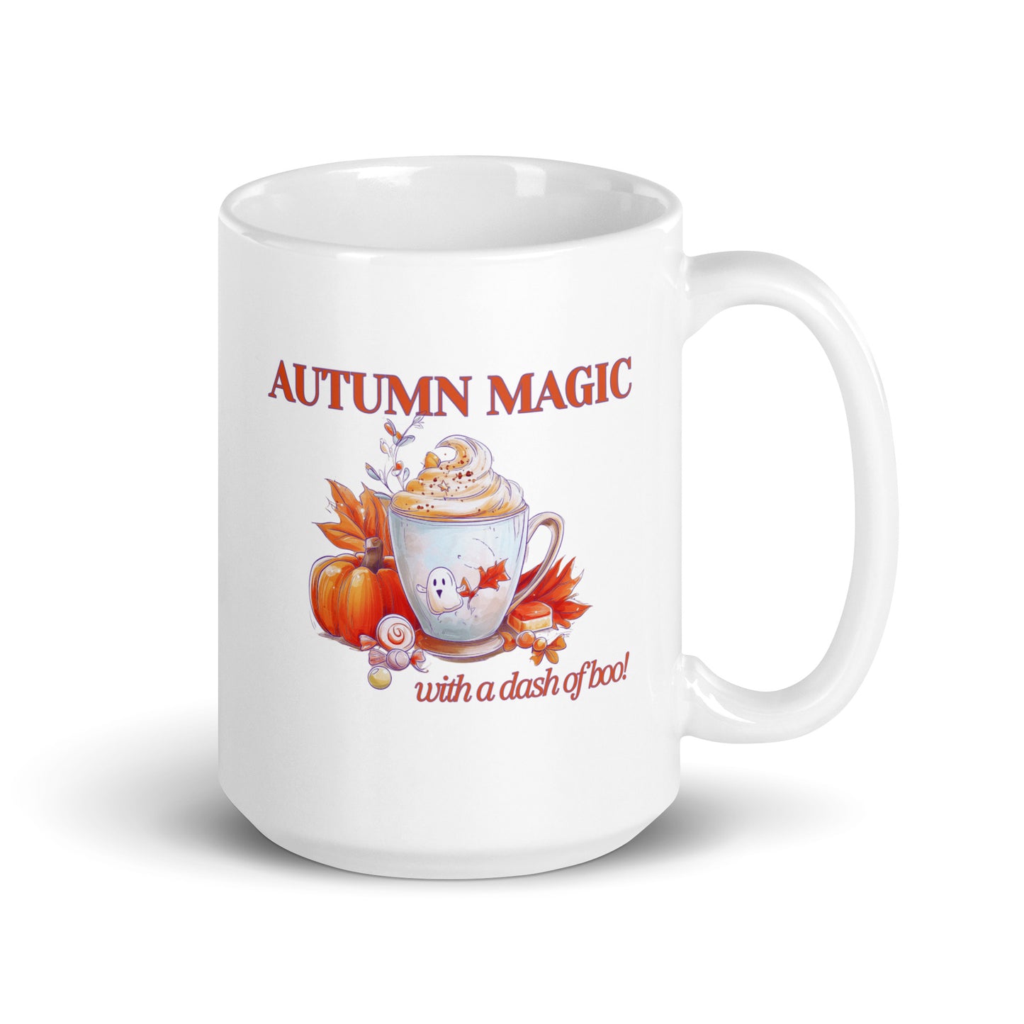 A white ceramic mug with a handle, featuring a printed autumn-themed graphic that reads 'AUTUMN MAGIC with a dash of boo!' above and below an illustration of a pumpkin spiced latte, pumpkin, and fall leaves.