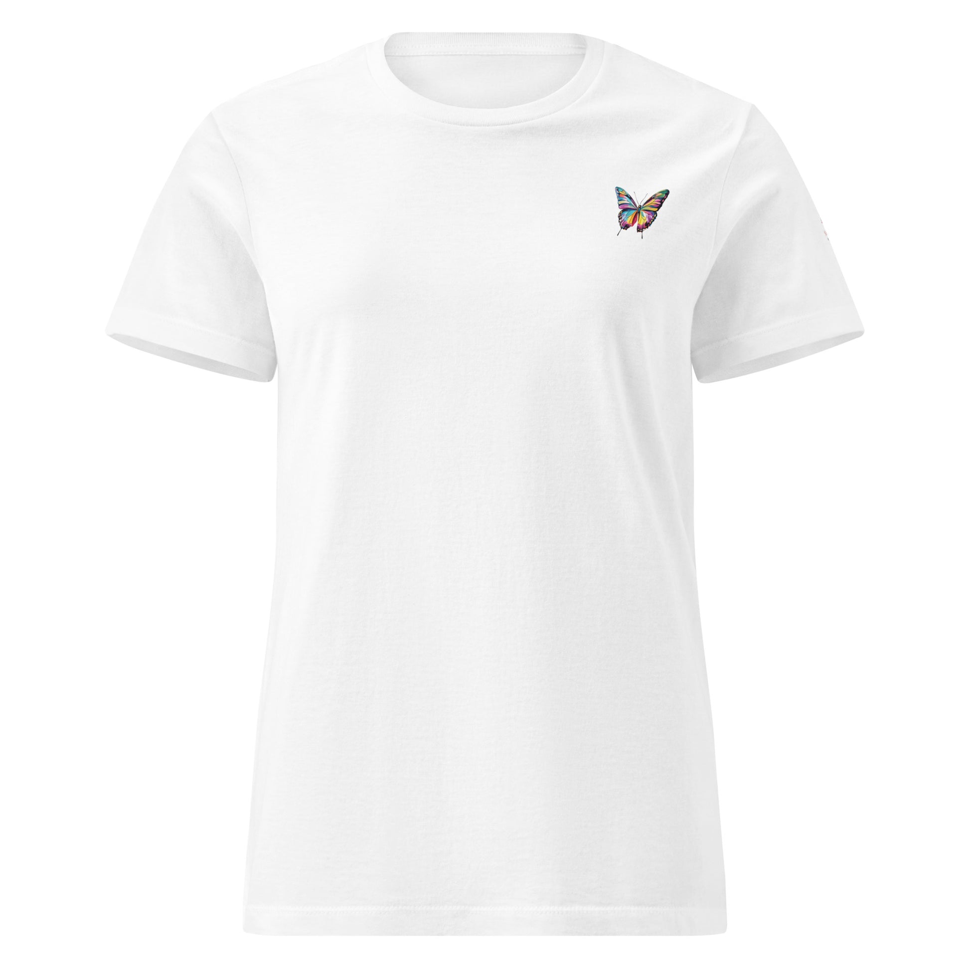 Women's white softstyle t-shirt with a small butterfly graphic, sustainable ring-spun cotton, made-to-order by Sweet & Savage.