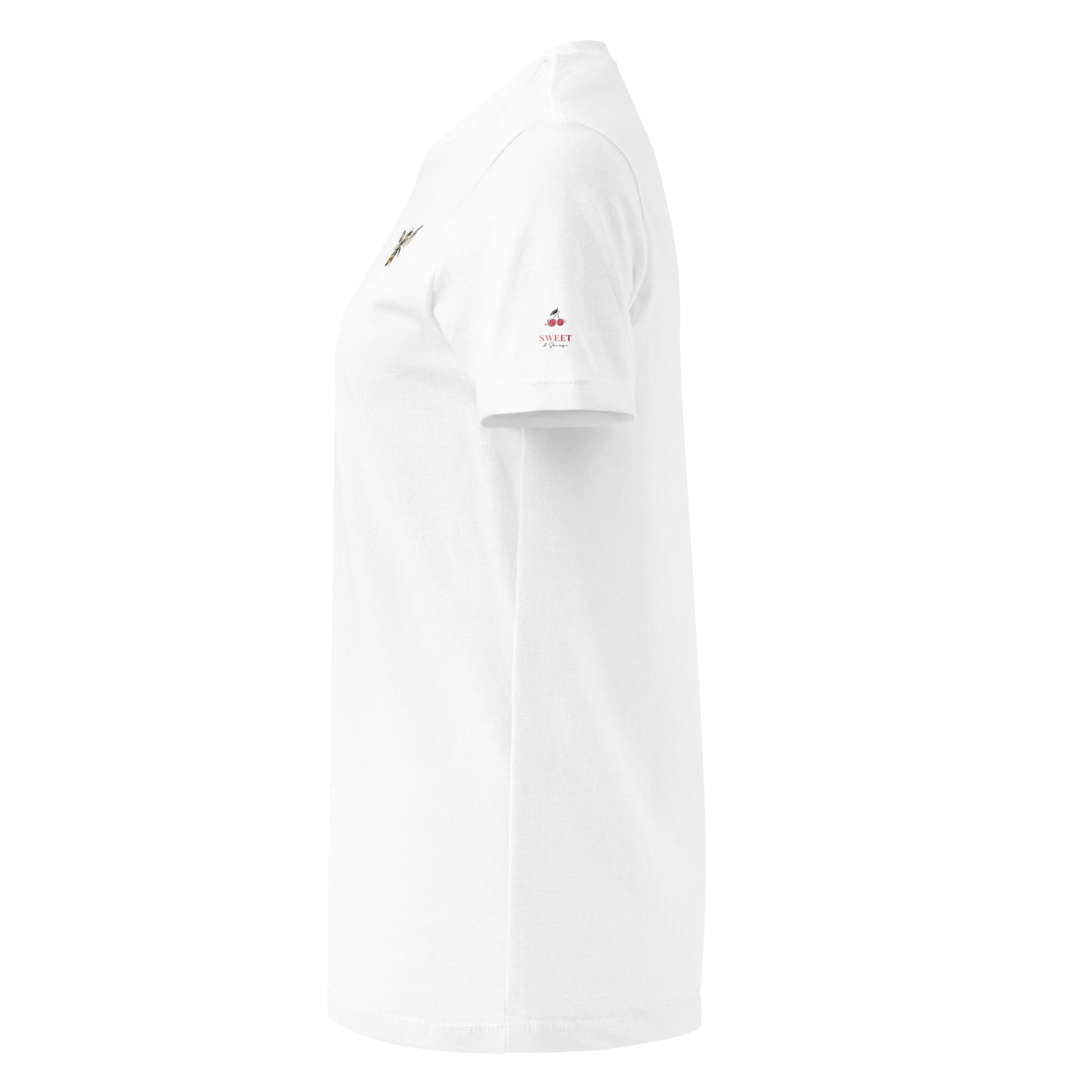 Women's softstyle white t-shirt with a minimalist bee graphic, sustainable cotton, made-to-order by Sweet & Savage.