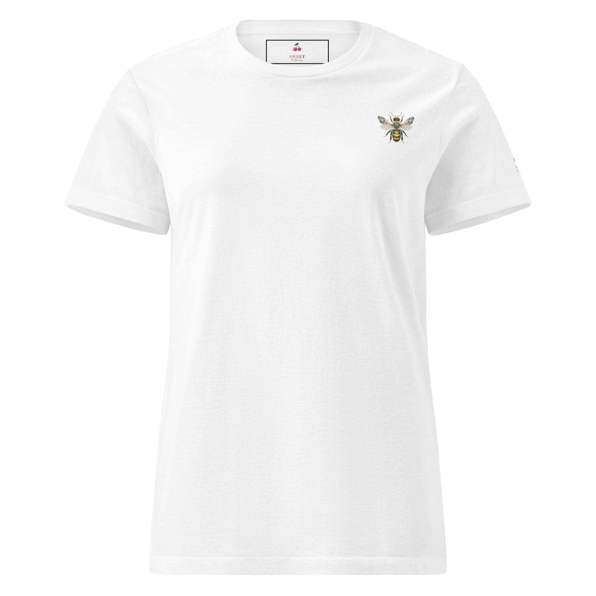 Women's softstyle white t-shirt with a minimalist bee graphic, sustainable cotton, made-to-order by Sweet & Savage.