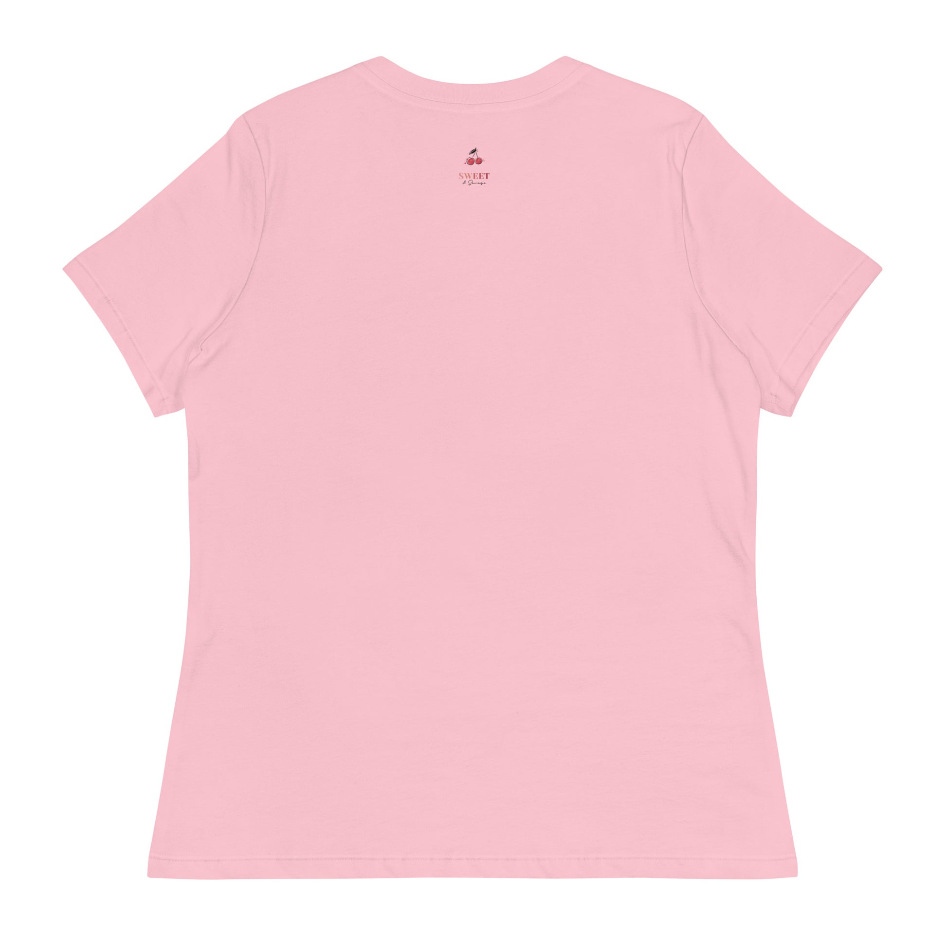 Sustainable women's pink t-shirt with "Sowing the Seeds of Love" graphic, 100% cotton, made-to-order by Sweet & Savage.
