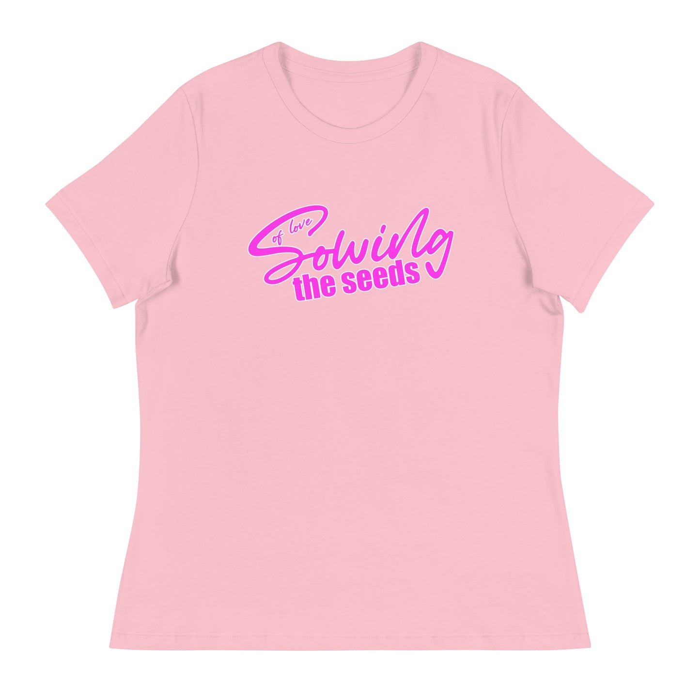 Sustainable women's pink t-shirt with "Sowing the Seeds of Love" graphic, 100% cotton, made-to-order by Sweet & Savage.