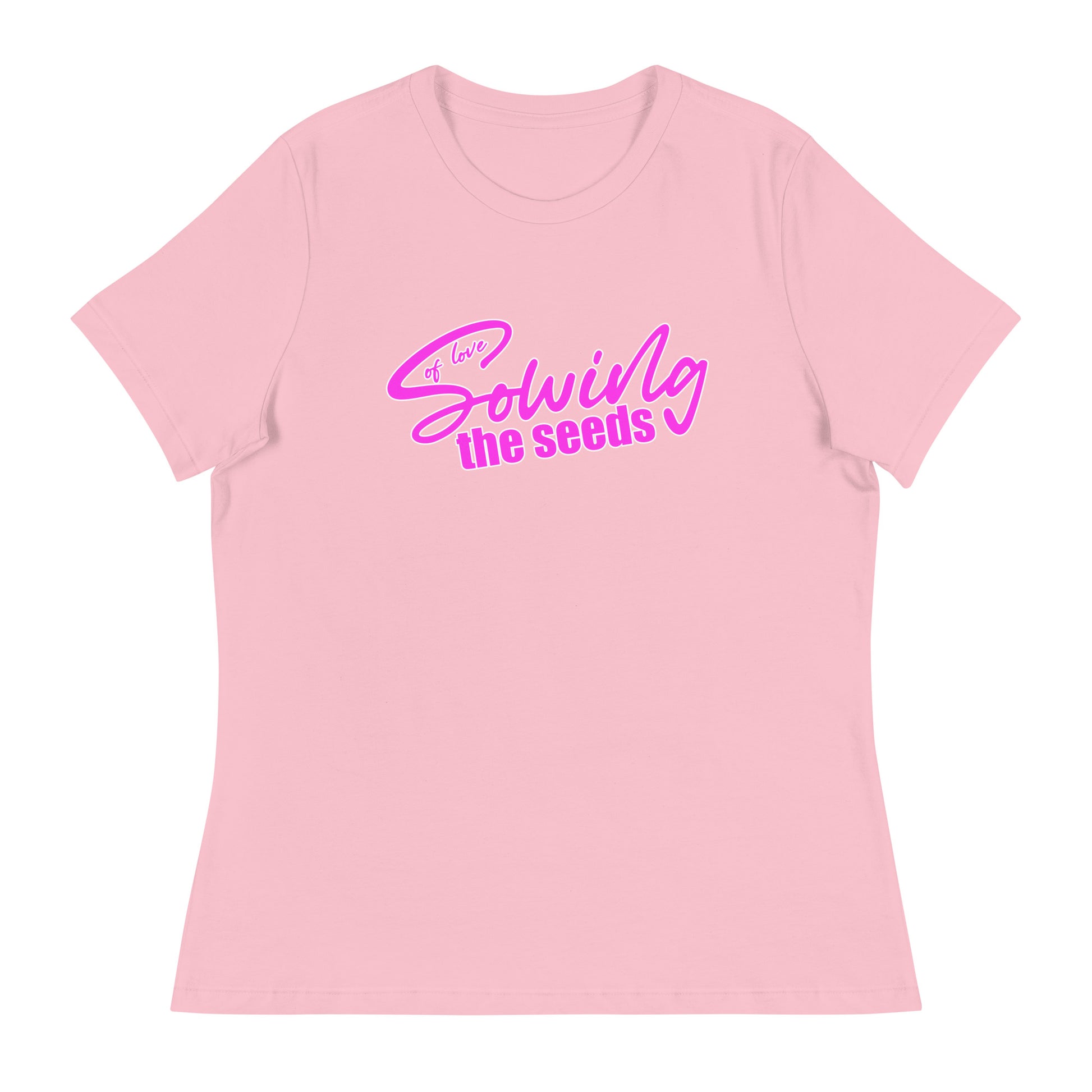 Sustainable women's pink t-shirt with "Sowing the Seeds of Love" graphic, 100% cotton, made-to-order by Sweet & Savage.