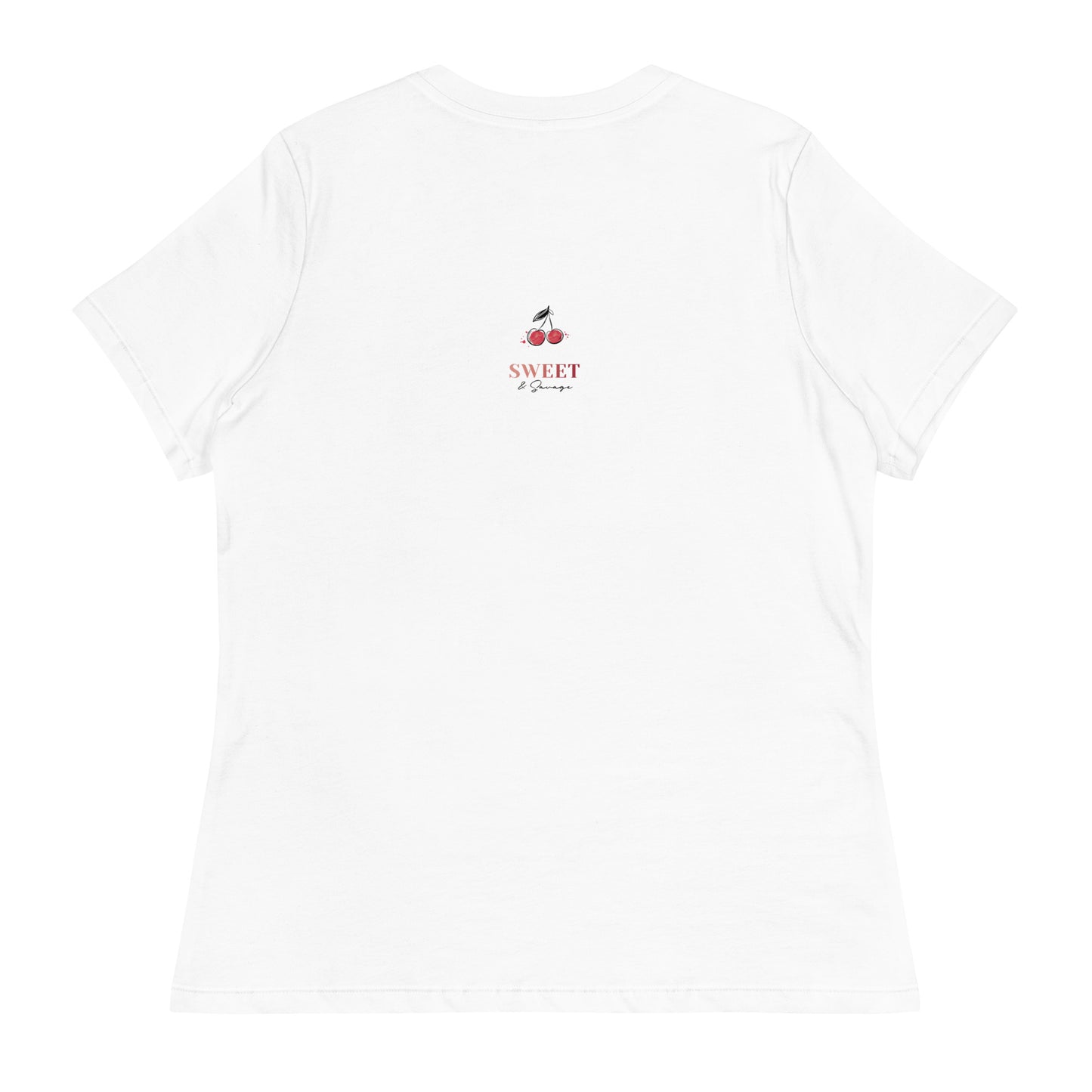 Relaxed fit white t-shirt with a butterfly graphic on the front and Sweet & Savage logo on the back, made-to-order sustainable apparel.