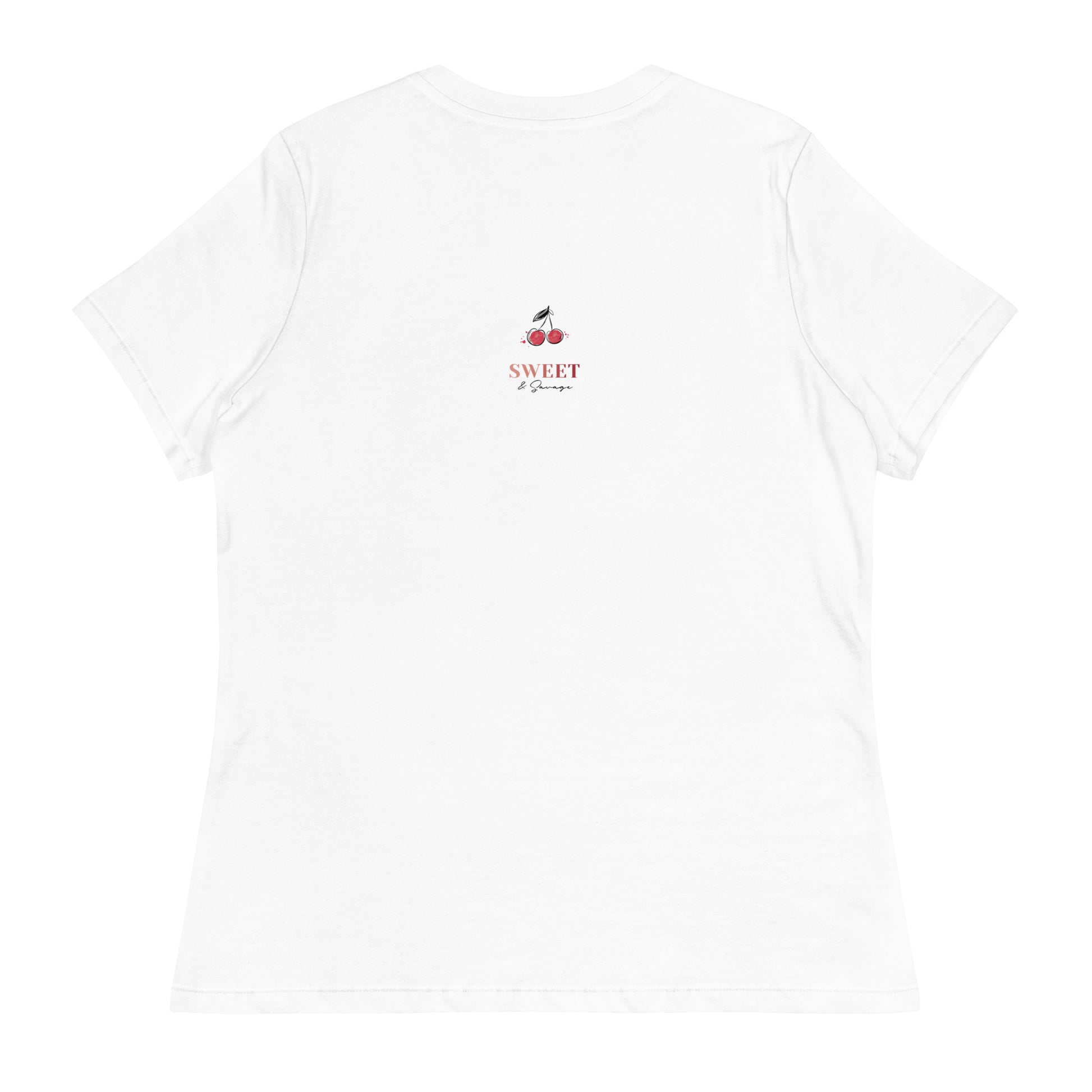 Relaxed fit white t-shirt with a butterfly graphic on the front and Sweet & Savage logo on the back, made-to-order sustainable apparel.