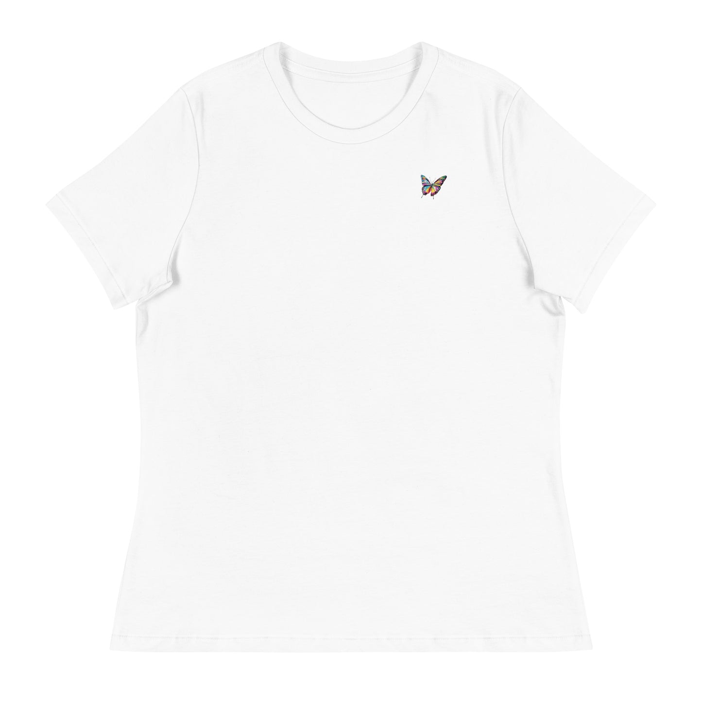 Relaxed fit white t-shirt with a butterfly graphic on the front and Sweet & Savage logo on the back, made-to-order sustainable apparel.