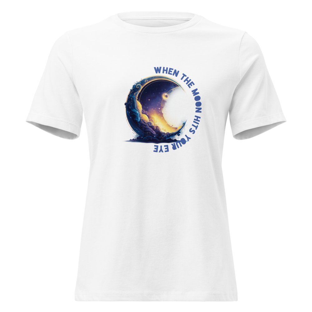 Relaxed fit white t-shirt featuring "When the moon hits your eye" Dean Martin quote graphic, sustainable cotton, by Sweet & Savage.