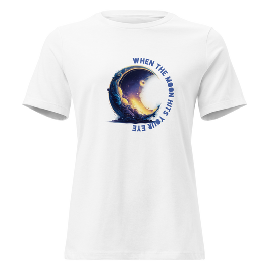 Relaxed fit white t-shirt featuring "When the moon hits your eye" Dean Martin quote graphic, sustainable cotton, by Sweet & Savage.